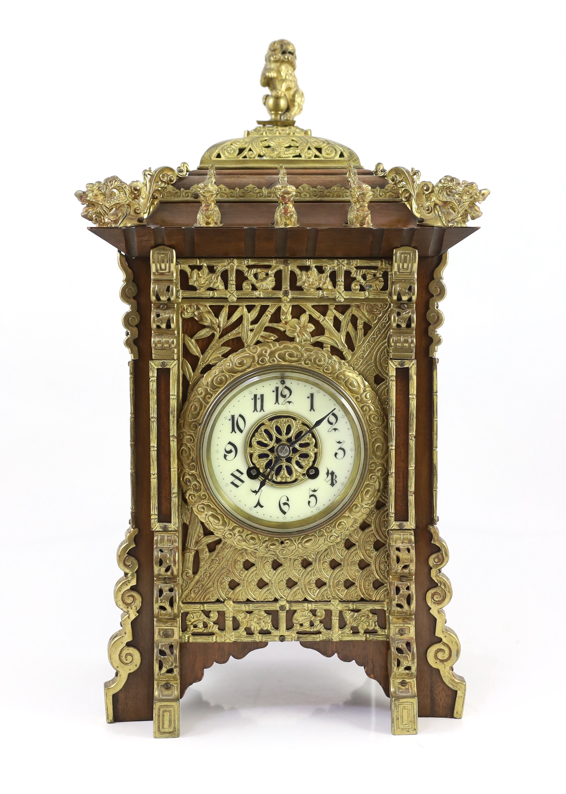 A late 19th century French ormolu mounted mahogany and shibayama style mantel clock, in the Japanese taste, 26cm wide, 23cm deep, 45cm high